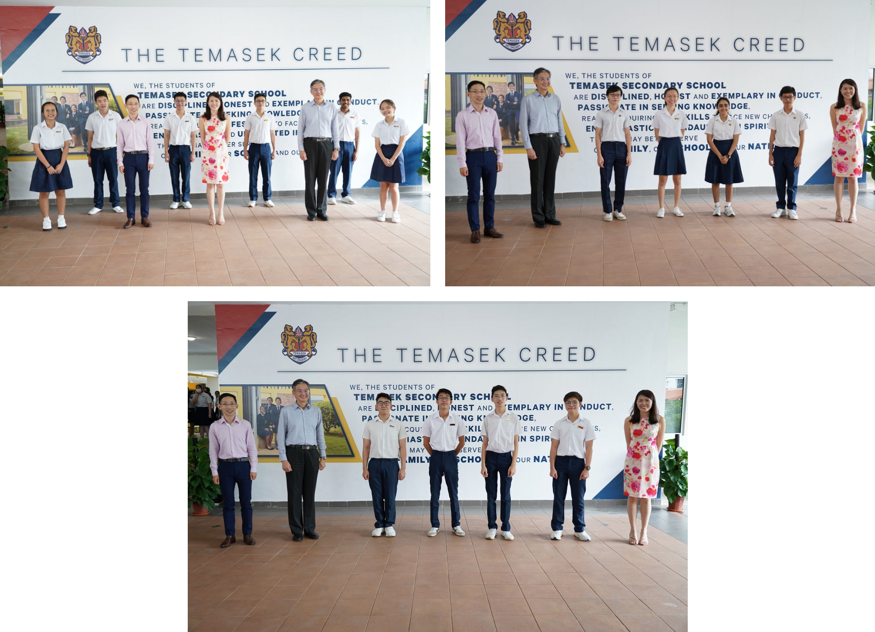 Three group photos of students and adults standing before The Temasek Creed wall at Temasek Secondary School.